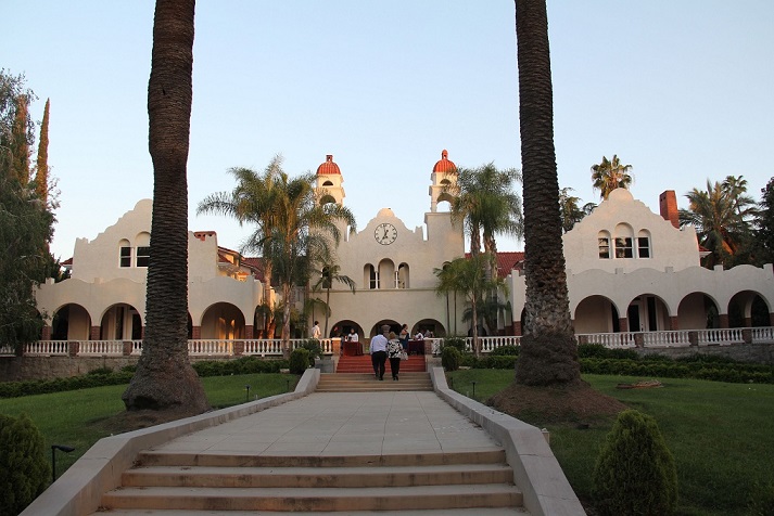 Burrage Mansion bell tower and arched entry.