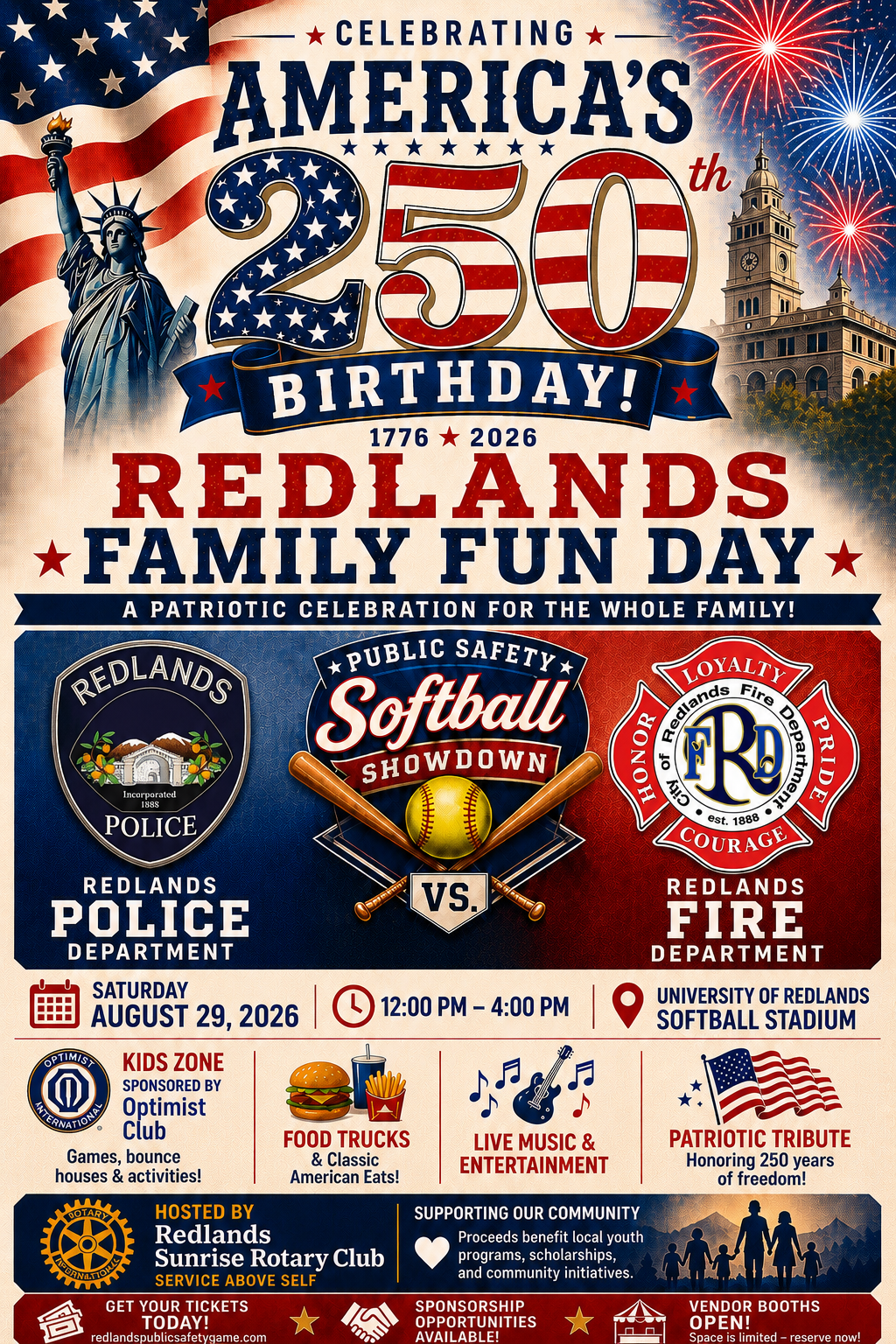 Redlands Family Fun Day — 250th Softball Showdown flyer with event details and sponsor information